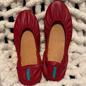 Tieks Ruby Red Leather Flats with Teal Accent